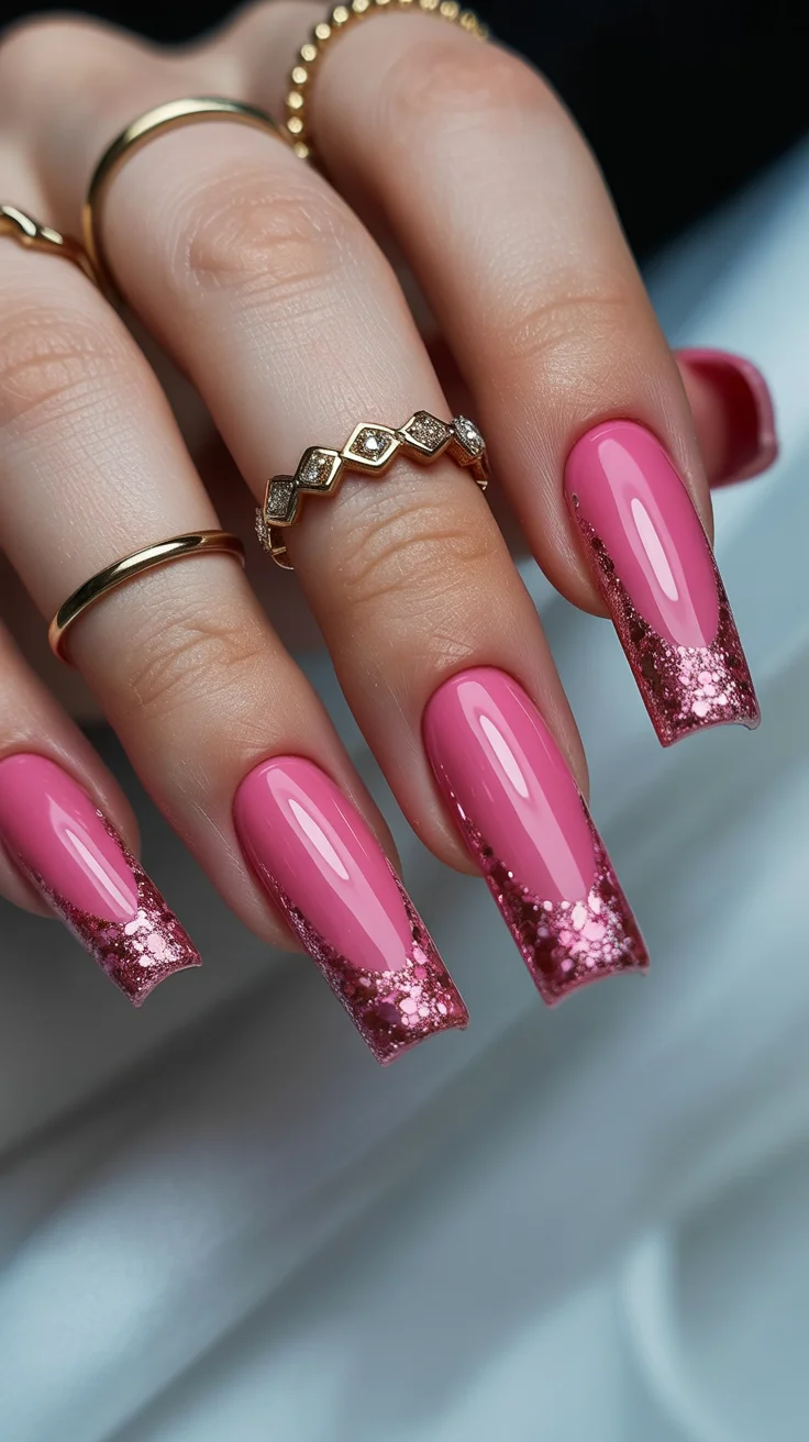 spring to summer season nails color ideas 2026 Glossy Pink Nails With Sparkling Glitter Tips