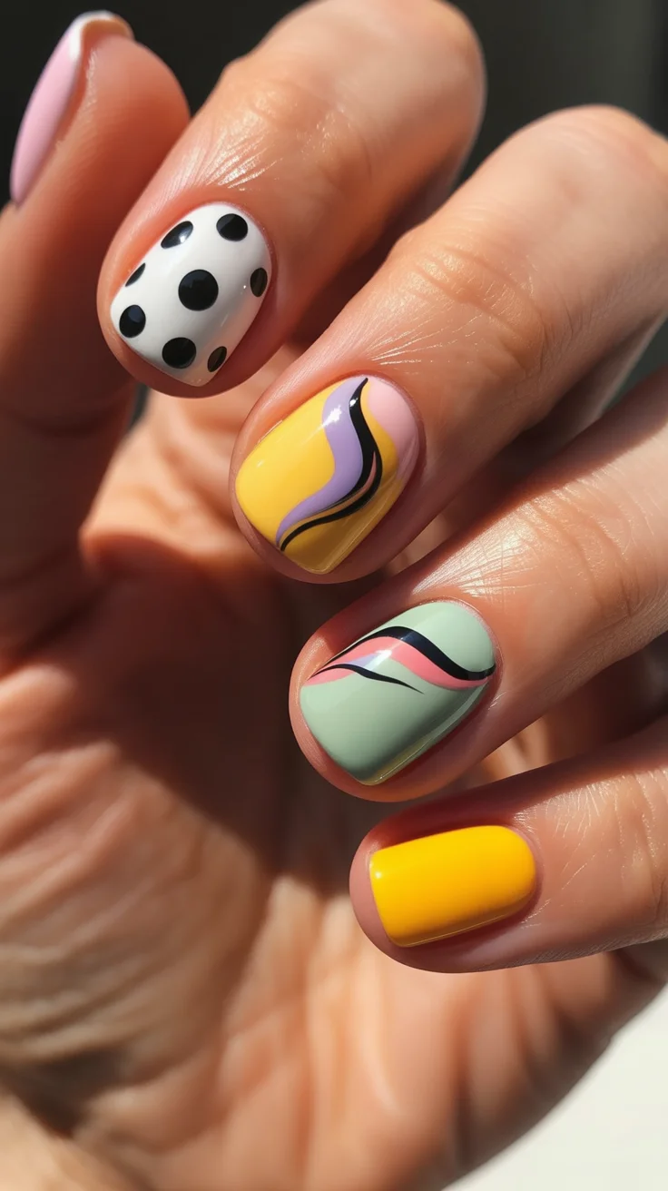 spring to summer season nails color ideas 2026 Playful Retro Art With Dots and Graphic Waves