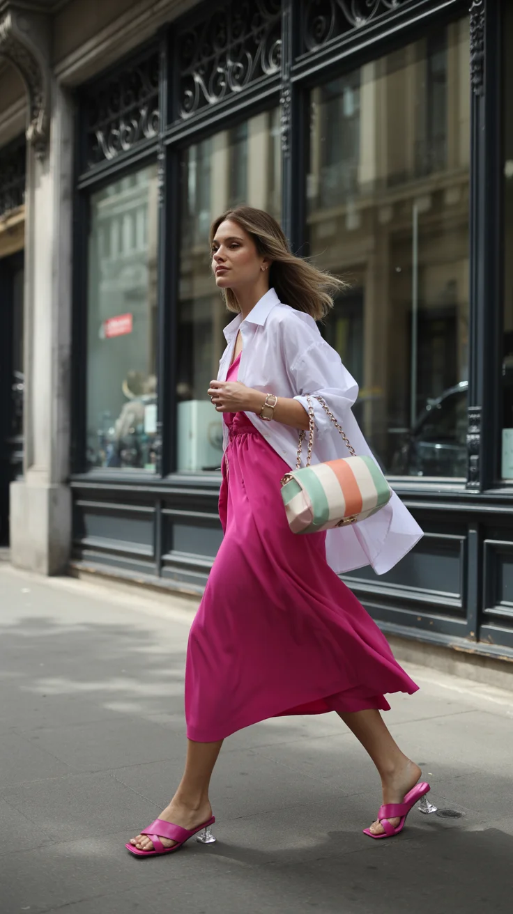 spring to summer season outfits ideas 2026 Pink Midi Dress with Oversized Shirt