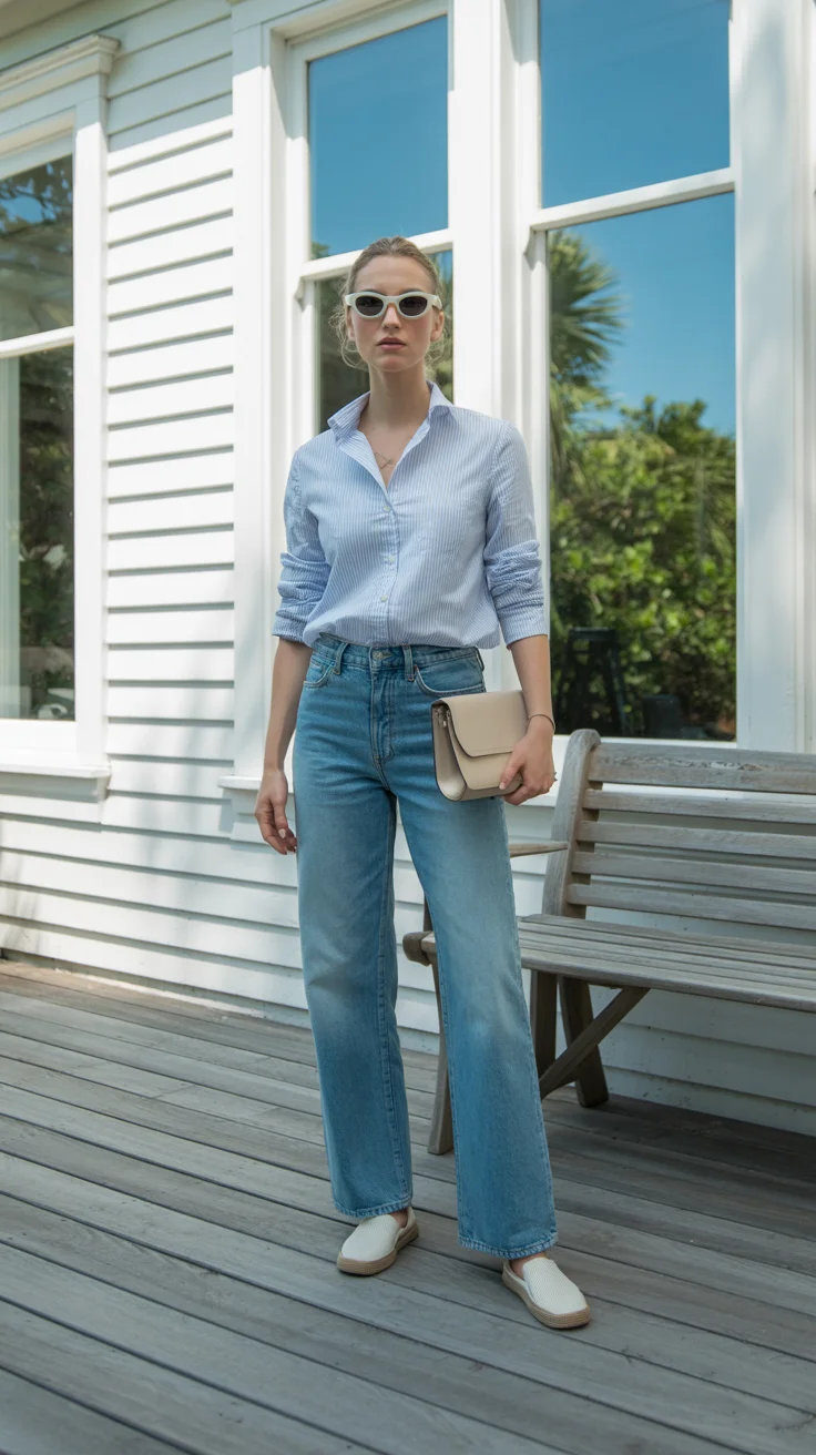 spring to summer season outfits ideas 2026 Blue Shirt and Straight Jeans Outfit