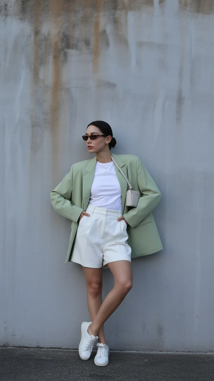 spring to summer season outfits ideas 2026 Mint Blazer and Tailored Shorts