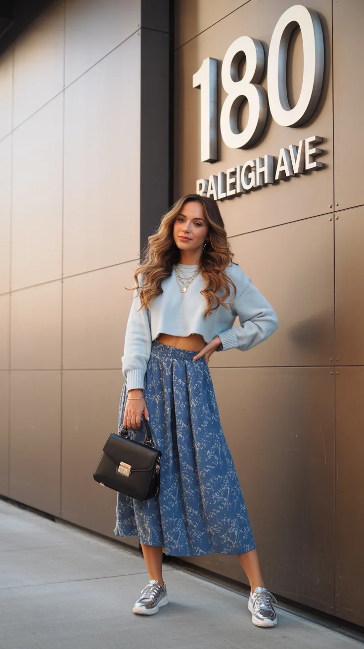 spring to summer season outfits ideas 2026 Cropped Sweater and Midi Skirt