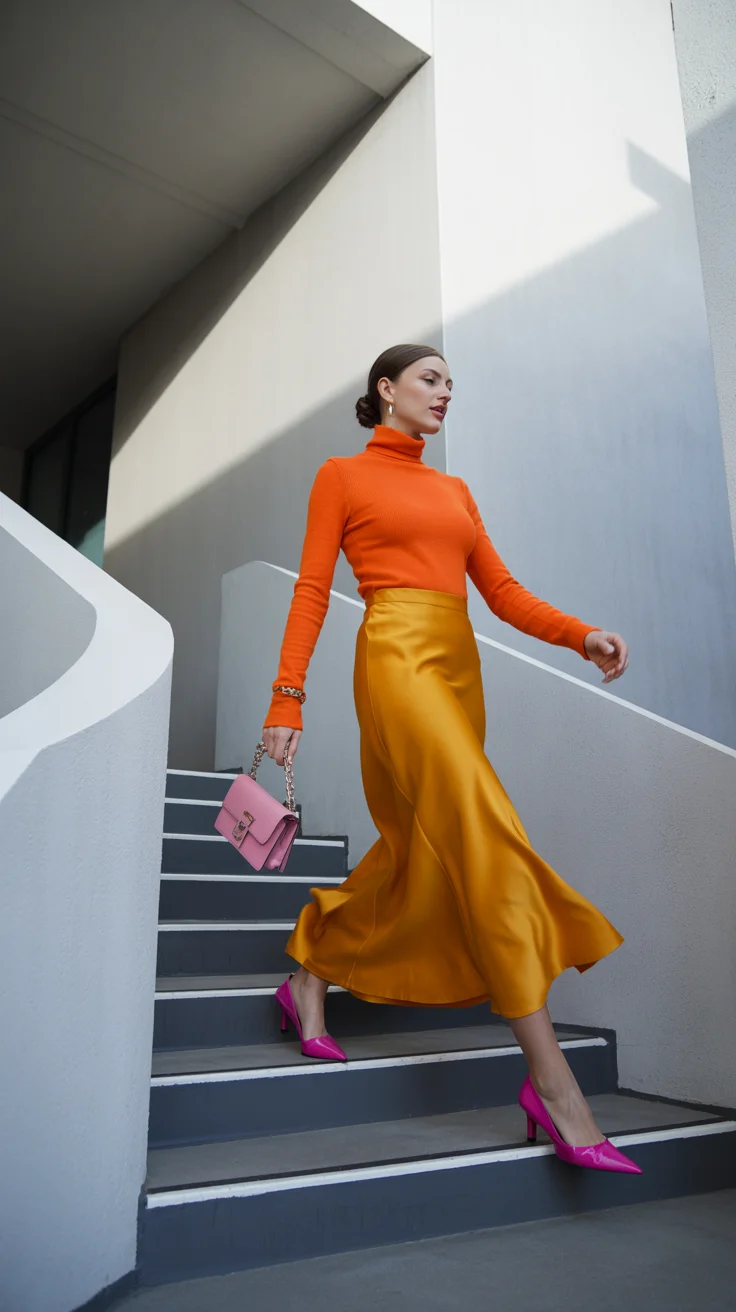 spring to summer season outfits ideas 2026 Orange Top and Satin Midi Skirt