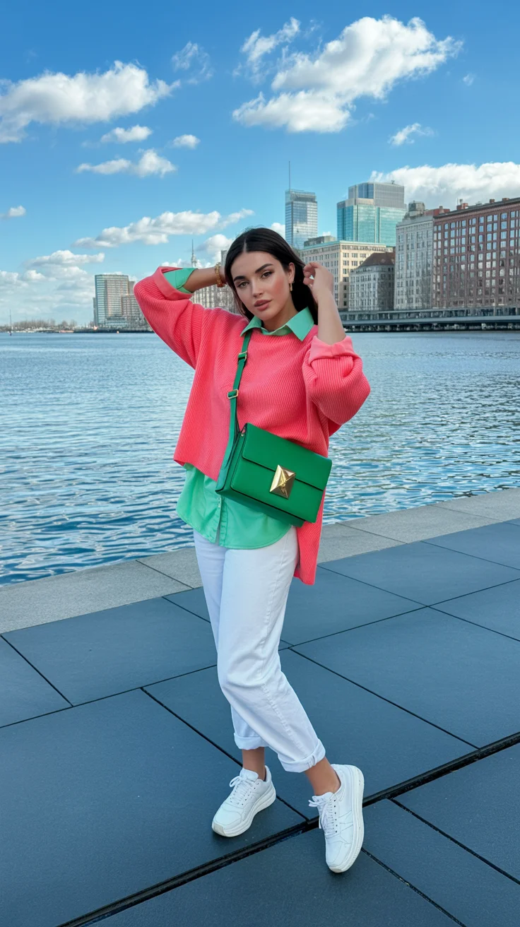 spring to summer season outfits ideas 2026 Color Block Sweater and White Jeans