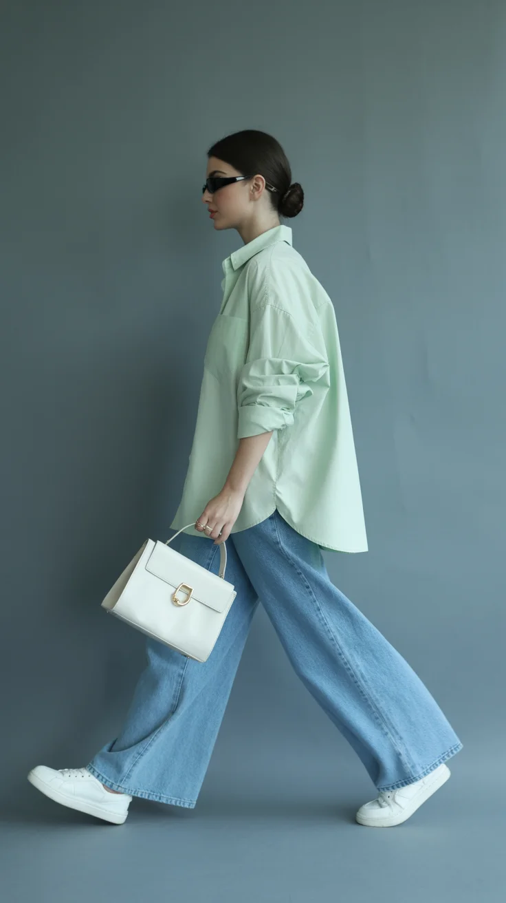 spring to summer season outfits ideas 2026 Oversized Mint Shirt and Wide Leg Jeans