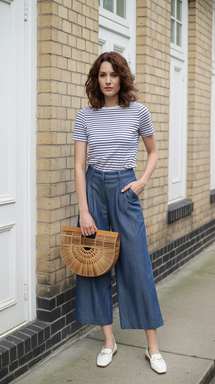 spring to summer season outfits ideas 2026 Striped Tee and Cropped Wide Leg Pants