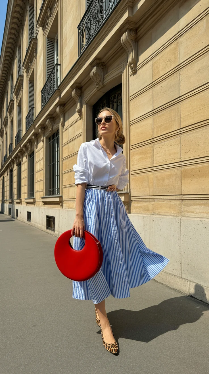 spring to summer season outfits ideas 2026 White Shirt and Striped Midi Skirt