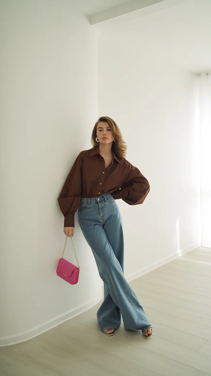 spring to summer season outfits ideas 2026 Chocolate Blouse and Wide Leg Jeans