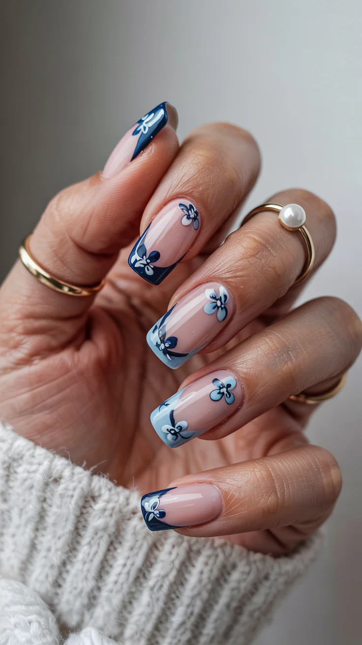 stylish spring ballerina nails 2026 Soft Blue Florals With Graphic French Edges
