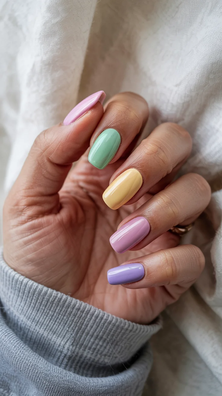 stylish spring ballerina nails 2026 Soft Pastel Skittle Nails for a Dreamy Spring Palette