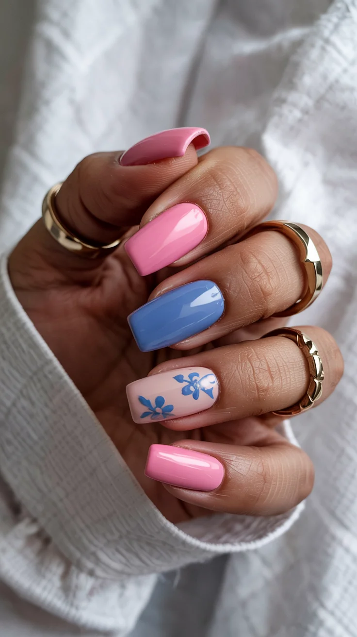 stylish spring ballerina nails 2026 Soft Pink and Periwinkle Floral Accent