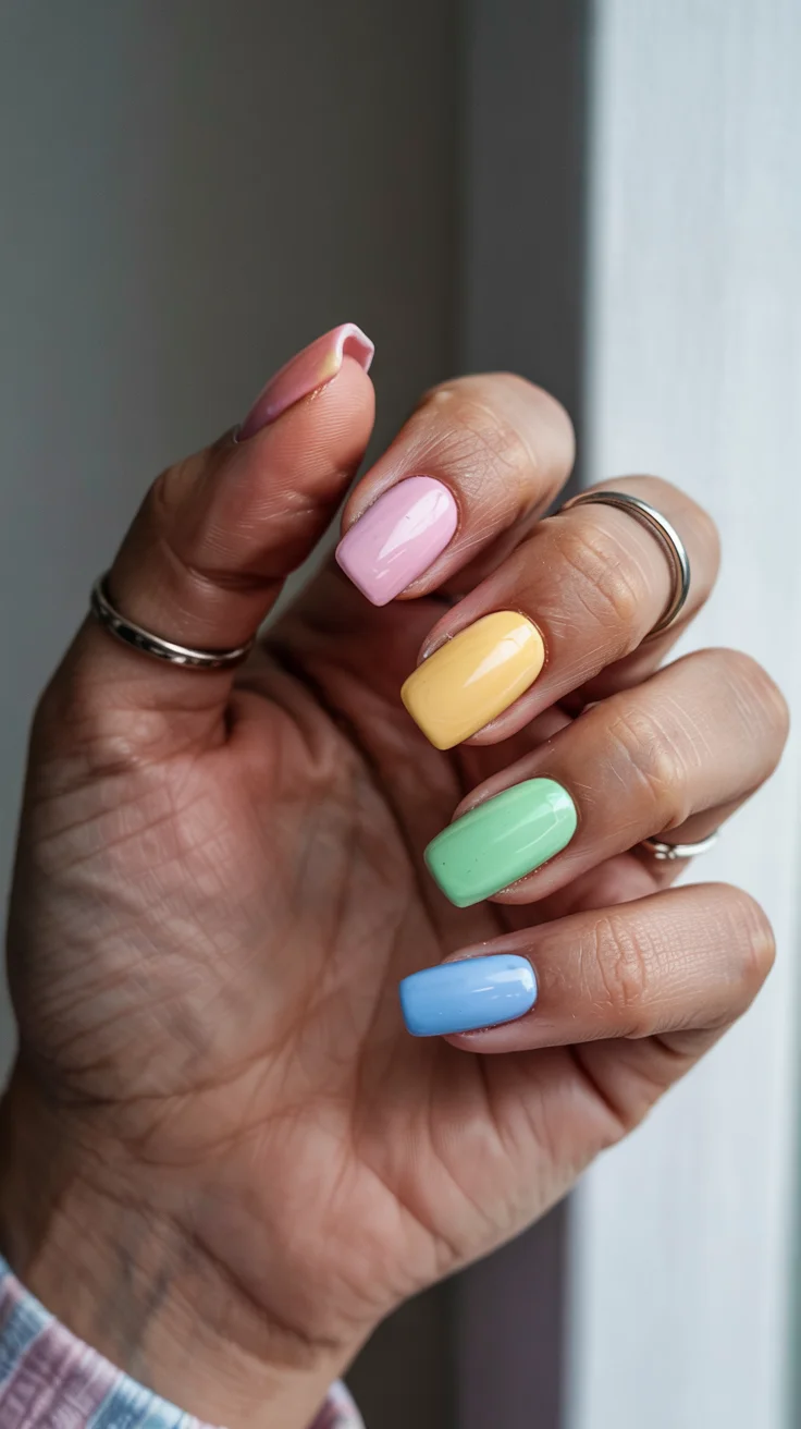 stylish spring ballerina nails 2026 Pastel Rainbow Skittle for a Soft Spring Palette