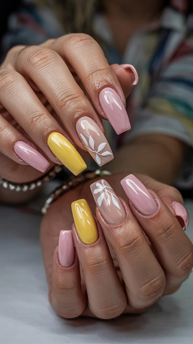 stylish spring ballerina nails 2026 Butter Yellow and Blush With Minimal Botanical Art