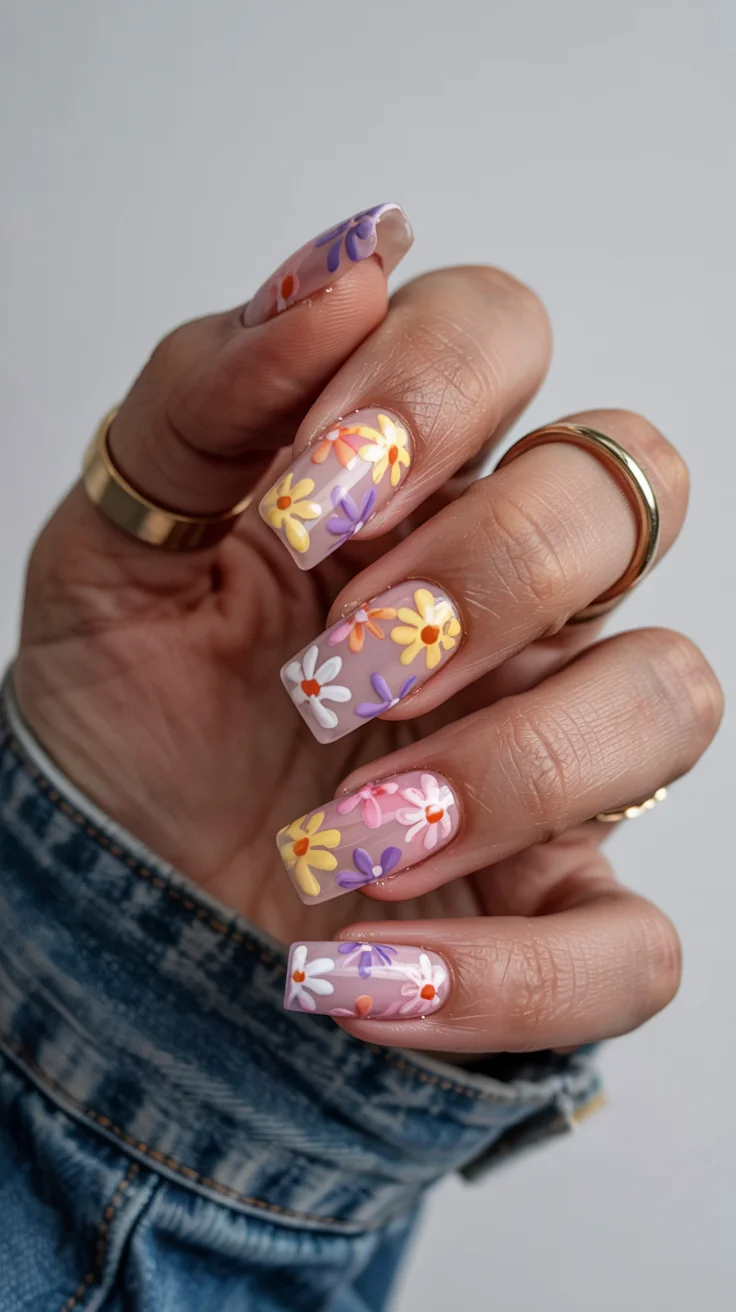 stylish spring ballerina nails 2026 Playful Daisy Garden Nail Art