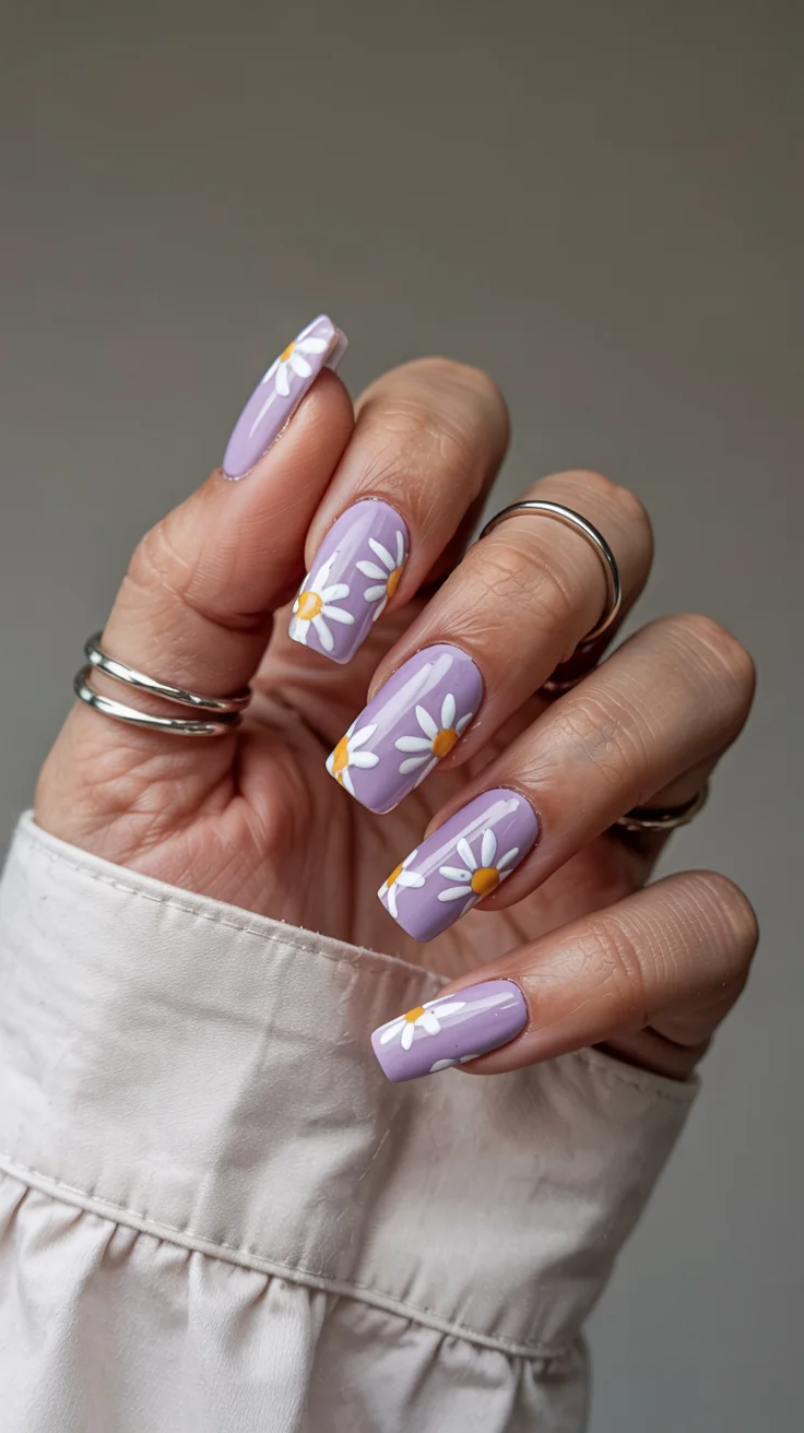stylish spring ballerina nails 2026 Lavender Daisy Nails With a Clean Gloss Finish