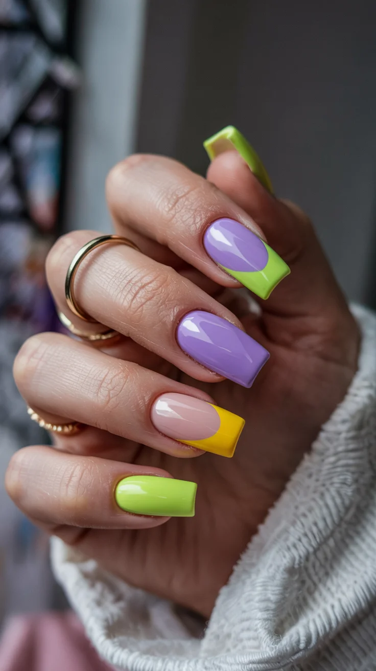stylish spring ballerina nails 2026 Bold Lime and Lavender Color Block Tips