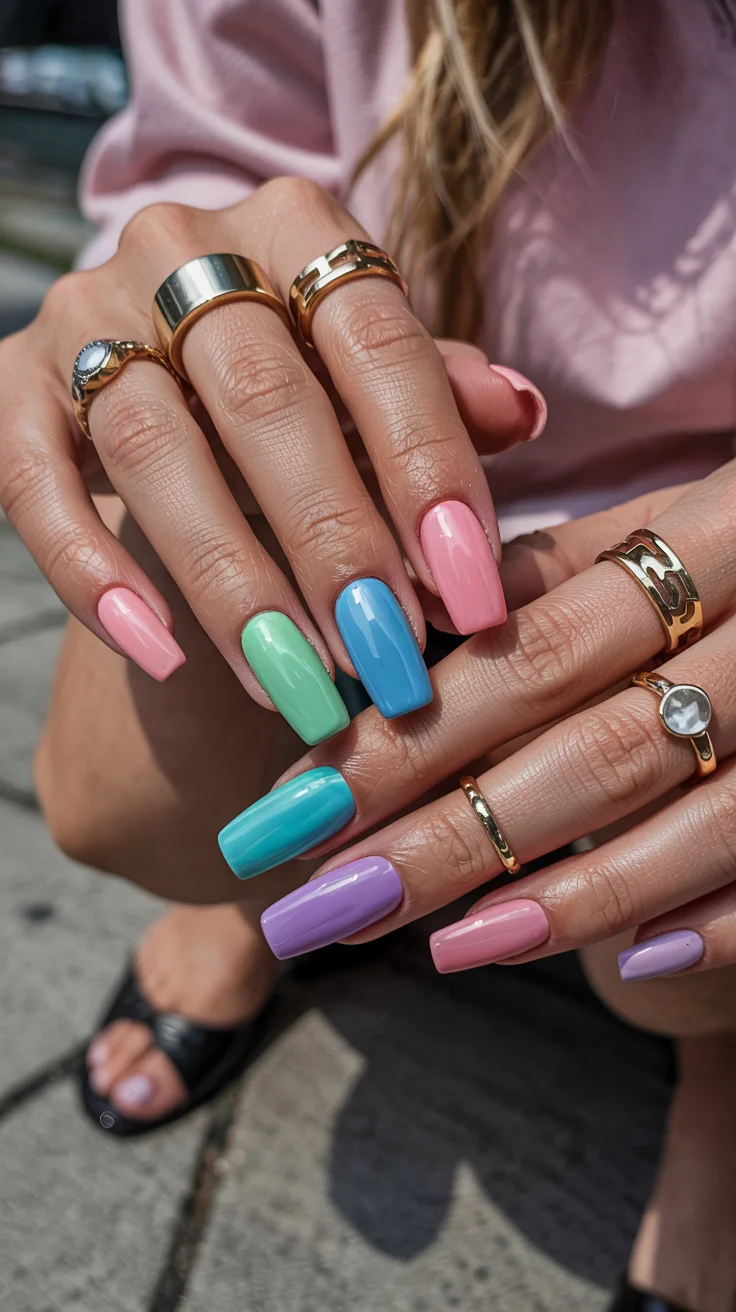 stylish spring ballerina nails 2026 Glossy Spring Skittle Palette for Everyday Color