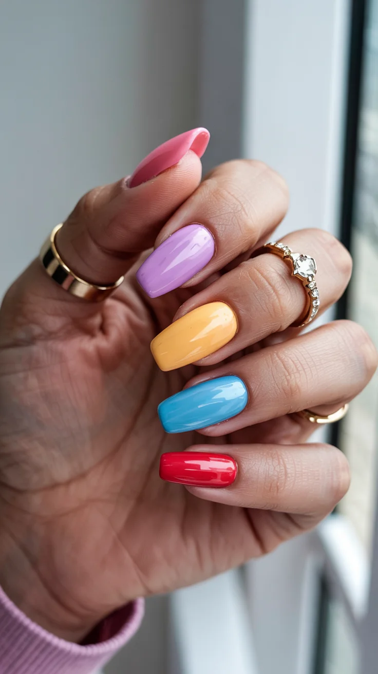 stylish spring ballerina nails 2026 Bright Multicolor Candy Palette Nails