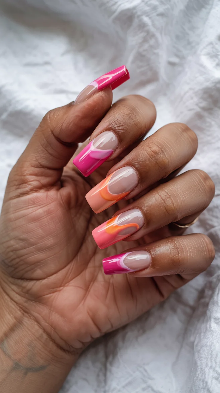 stylish spring ballerina nails 2026 Modern Pink and Coral Abstract Waves