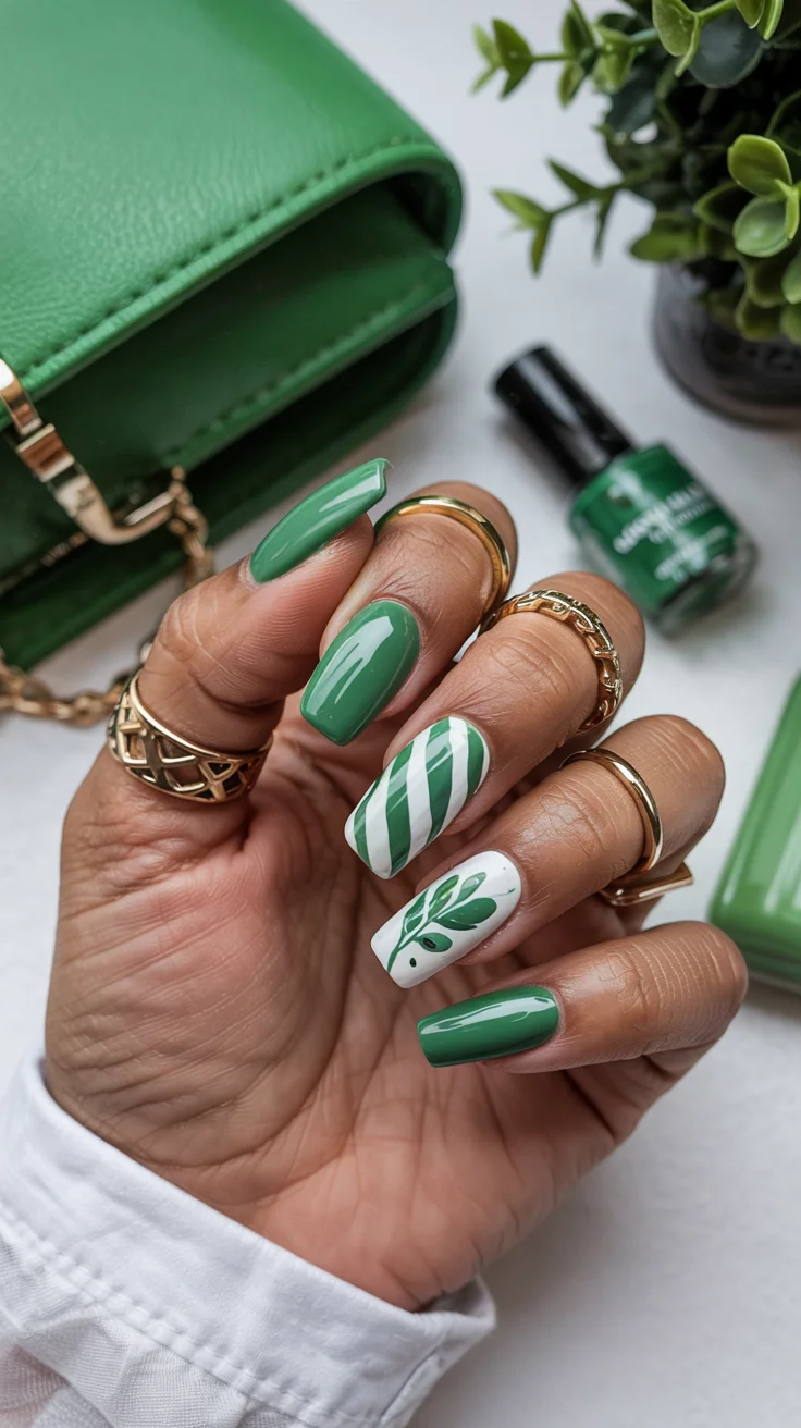 stylish spring ballerina nails 2026 Fresh Botanical Green With Modern Graphic Accents