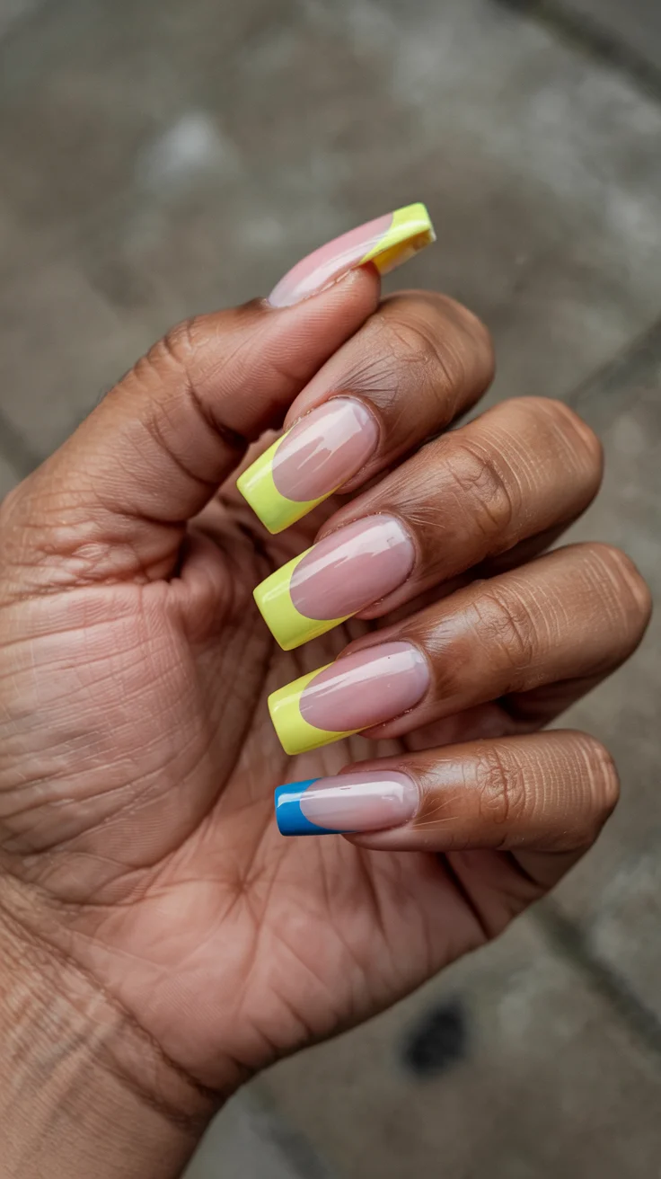 stylish spring ballerina nails 2026 Neon Yellow French Tips With a Pop of Blue