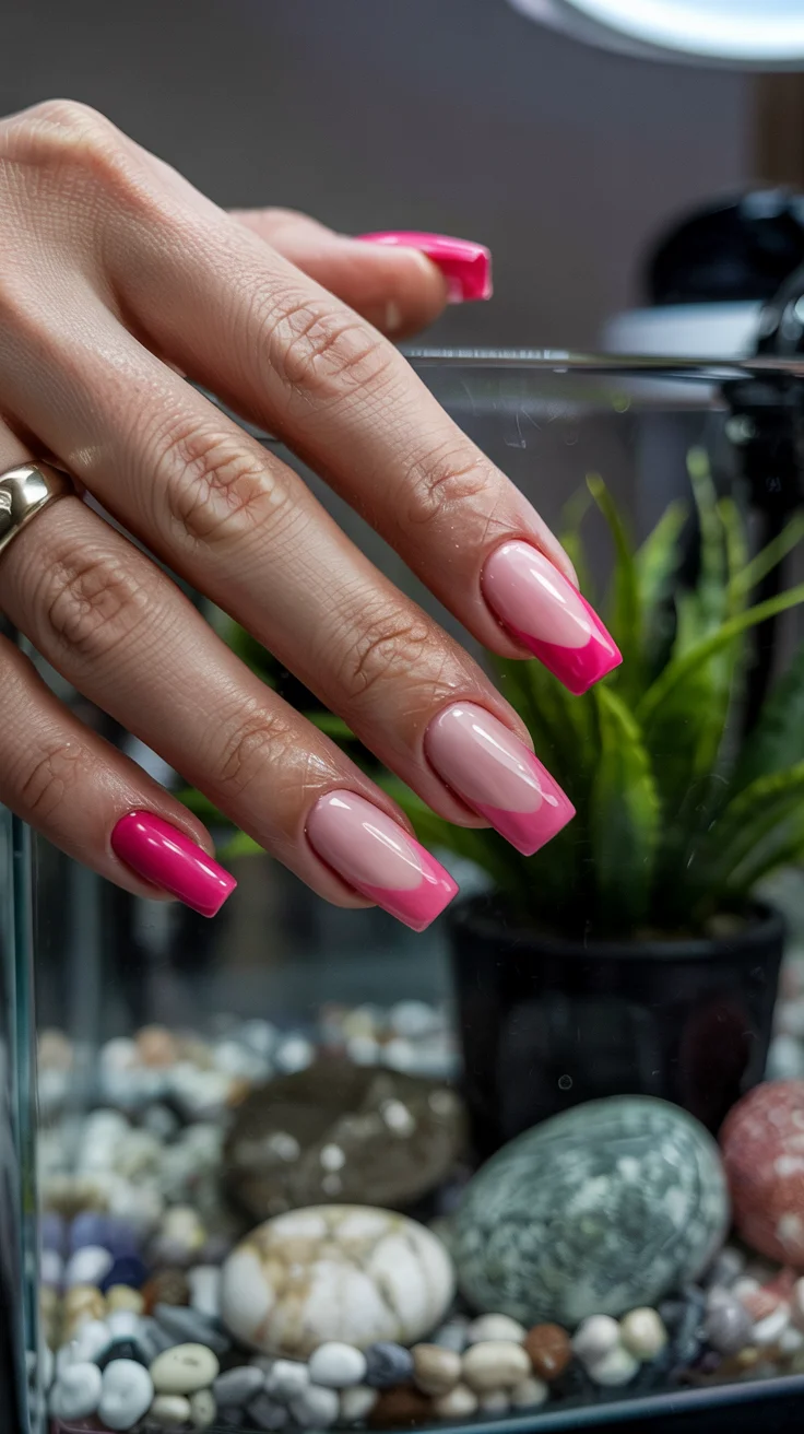 stylish spring ballerina nails 2026 Hot Pink Gloss With Soft Blush Contrast