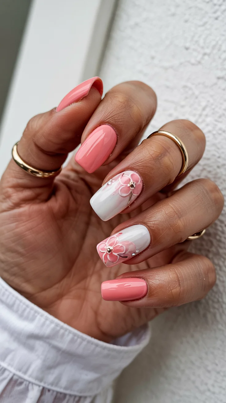 stylish spring ballerina nails 2026 Minimalist Pink Petals With Clean White Accent