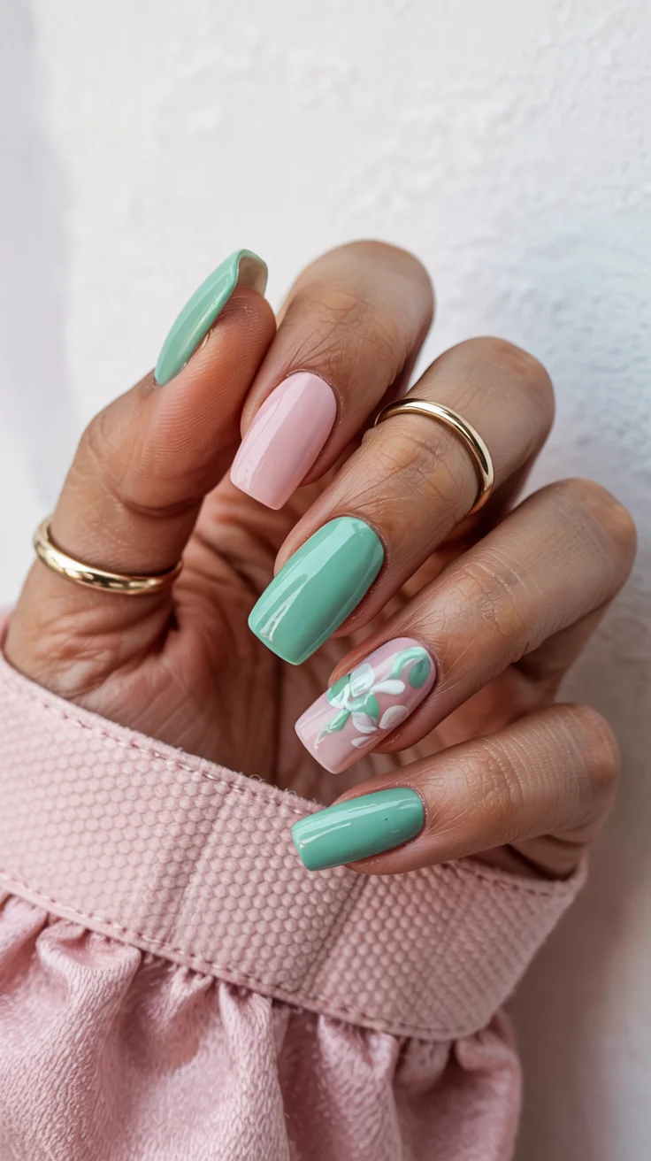 stylish spring ballerina nails 2026 Soft Sage and Blush Harmony With Botanical Accent