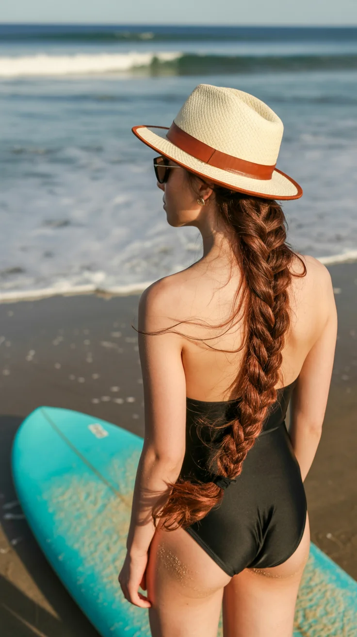 summer hairstyles for swimming 2026 Long Sun-Proof Braid Styled With a Straw Hat