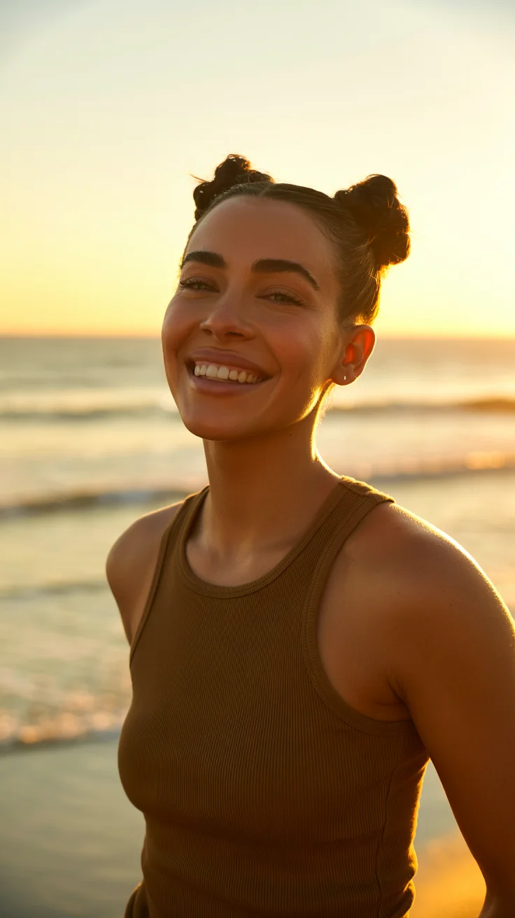 summer hairstyles for swimming 2026 Playful Double Mini Buns for Sunset Swim Energy
