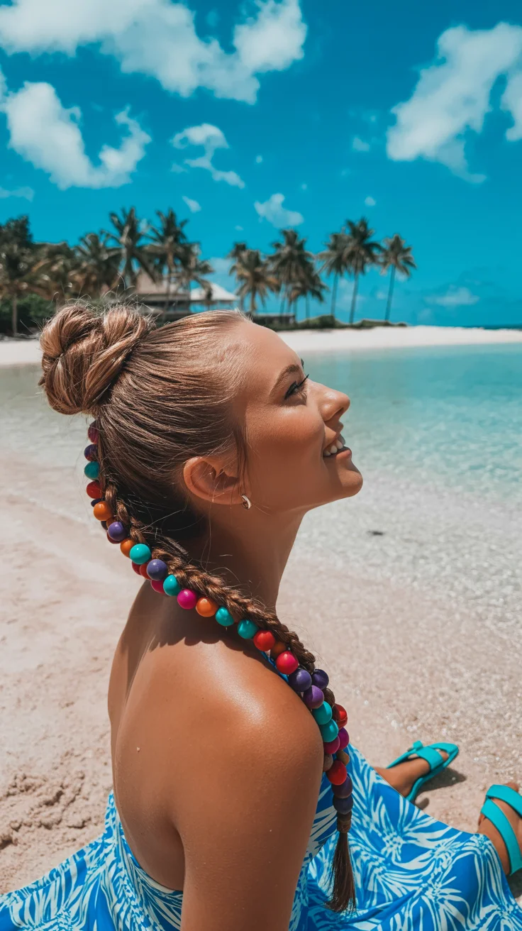 summer hairstyles for swimming 2026 High Braided Bun with Statement Summer Details