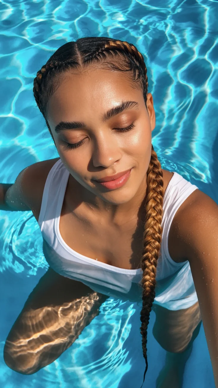 summer hairstyles for swimming 2026 Sleek Cornrow Braid Into a Defined Swim-Ready Tail