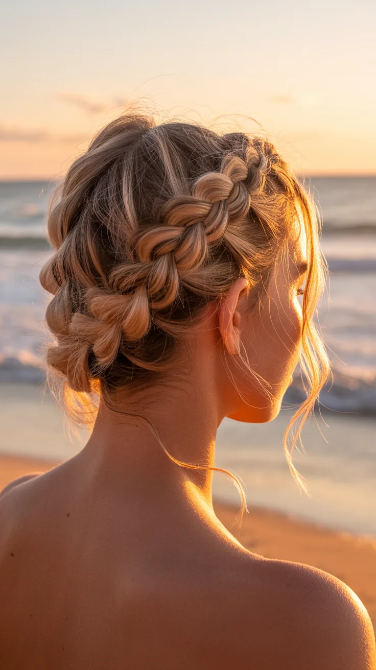 summer hairstyles for swimming 2026 Golden Hour Braided Updo That Melts Into Summer Evenings