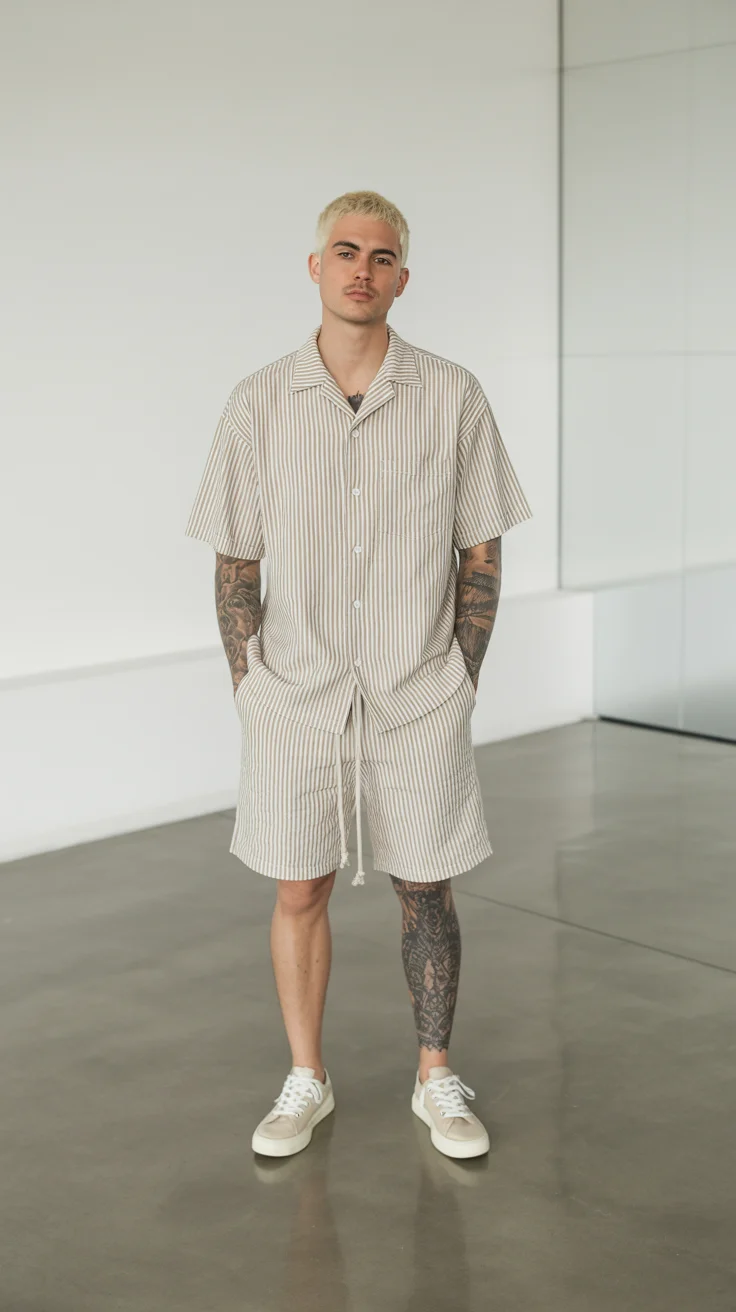 summer outfits for men 2026 Soft Stripes and Barefoot Minimalism