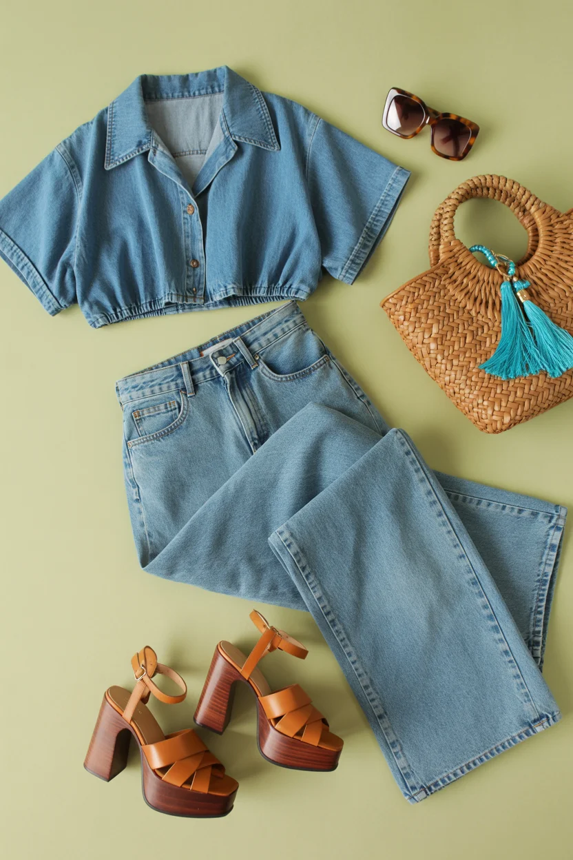 summer outfits with heels for women 2026 Denim-on-Denim with a Retro Summer Kick