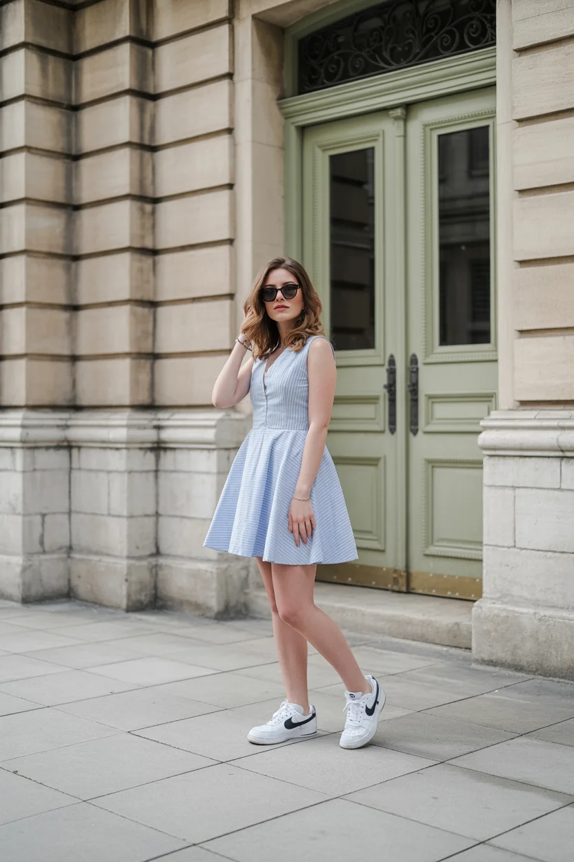 summer outfits with sneakers for women 2026 Classic Fit and Flare Dress Meets Everyday Sneakers