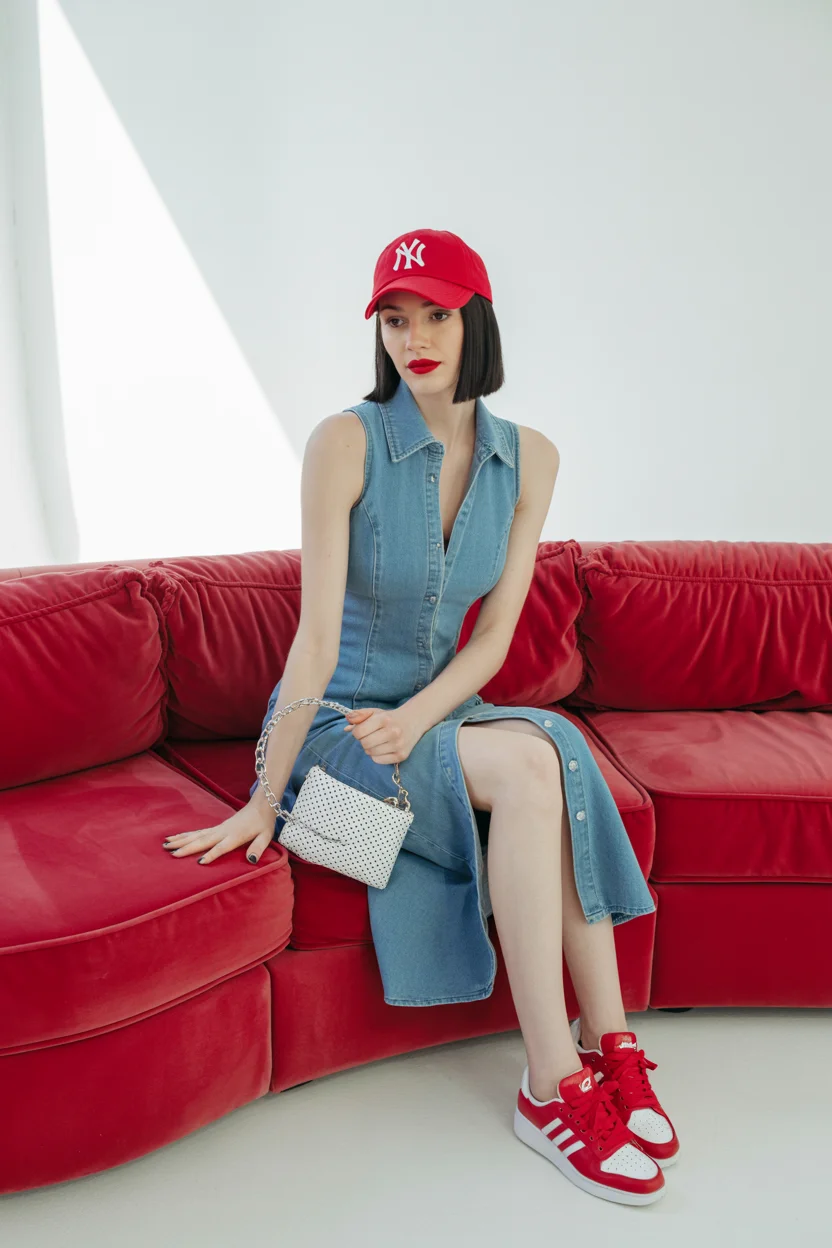 summer outfits with sneakers for women 2026 Denim Dress and Bold Sneakers A Confident Finish