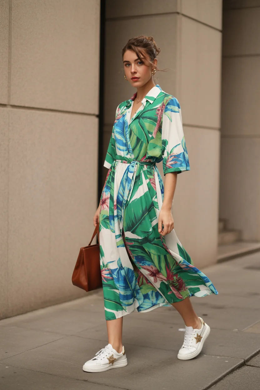 summer outfits with sneakers for women 2026 Bold Prints and Clean Sneakers Let the Dress Speak