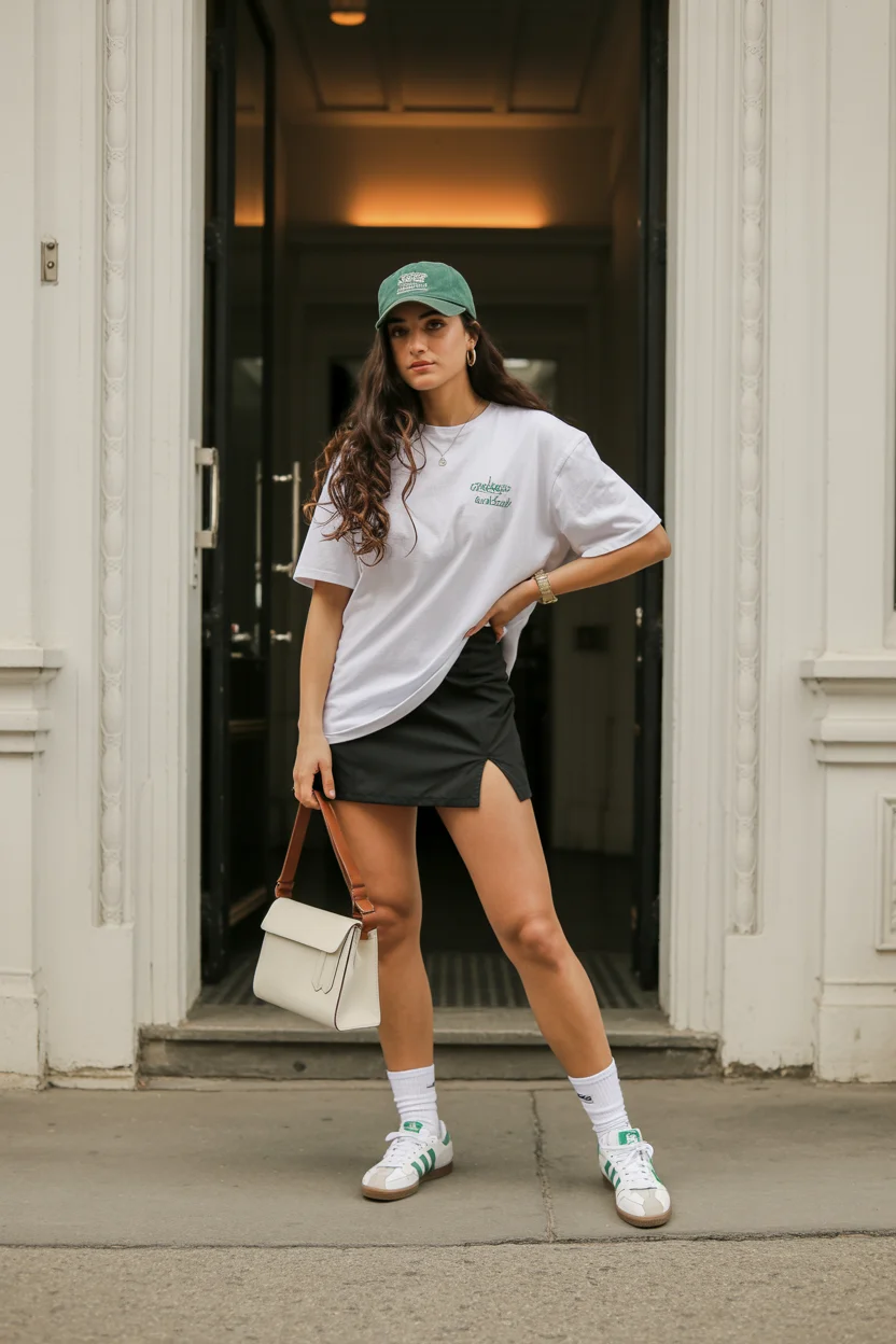 summer outfits with sneakers for women 2026 Oversized Tee and Mini Skirt The Cool Girl Shortcut