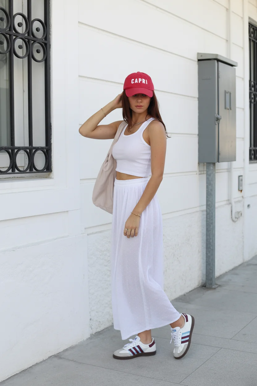 summer outfits with sneakers for women 2026 Soft Feminine Skirt Meets Sporty Energy