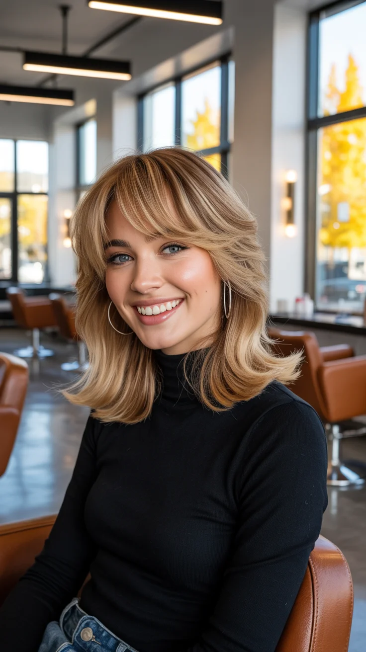 summer short haircut ideas 2026 Feathered Mid-Length Short Cut with Curtain Bangs