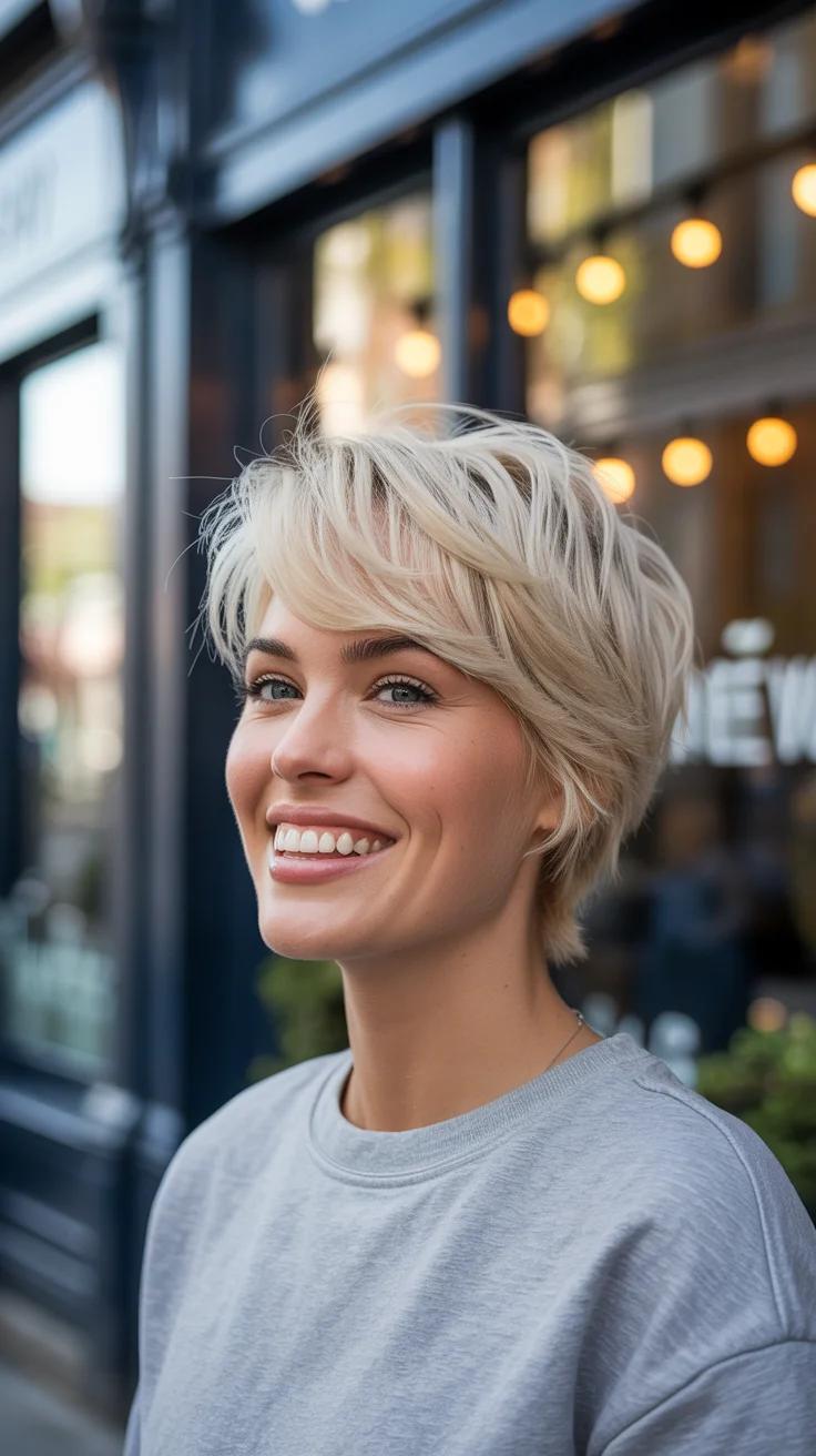 summer short haircut ideas 2026 Textured Platinum Pixie with Playful Volume