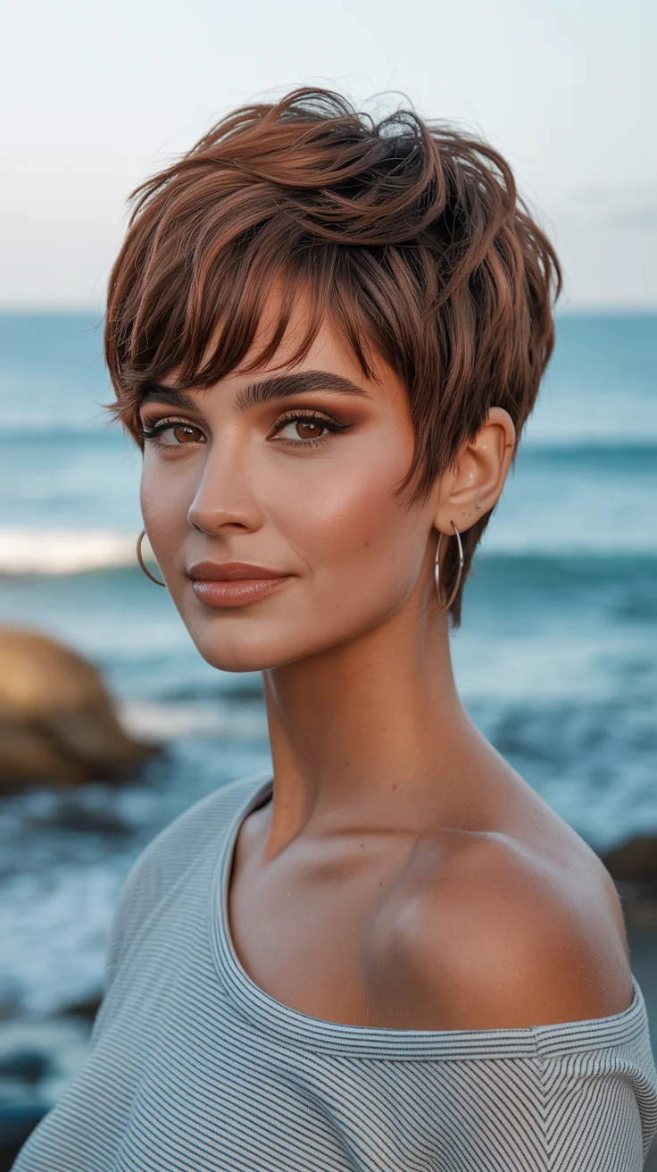 summer short haircut ideas 2026 Warm Brunette Pixie with Tousled Crown