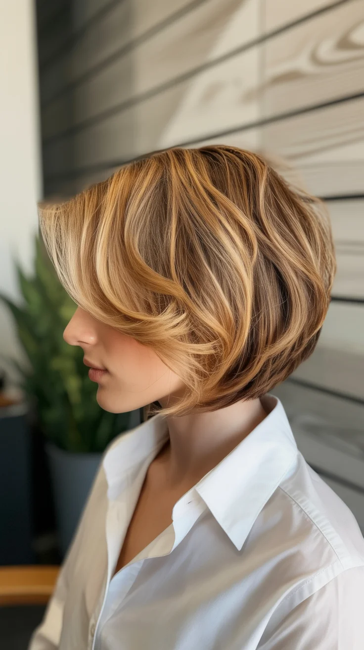 summer short haircut ideas 2026 Layered Honey Bronde Bob with Dimensional Shine