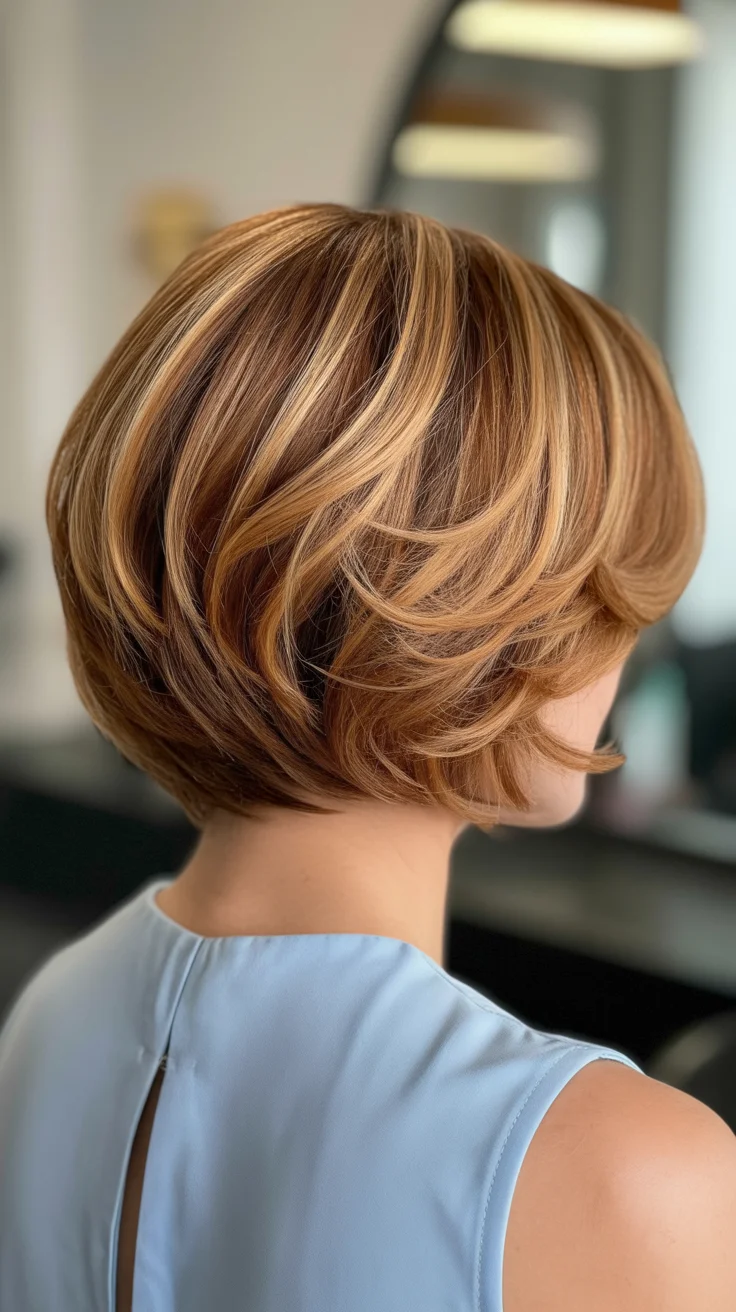 summer short haircut ideas 2026 Stacked Caramel Bob with Sculpted Layers