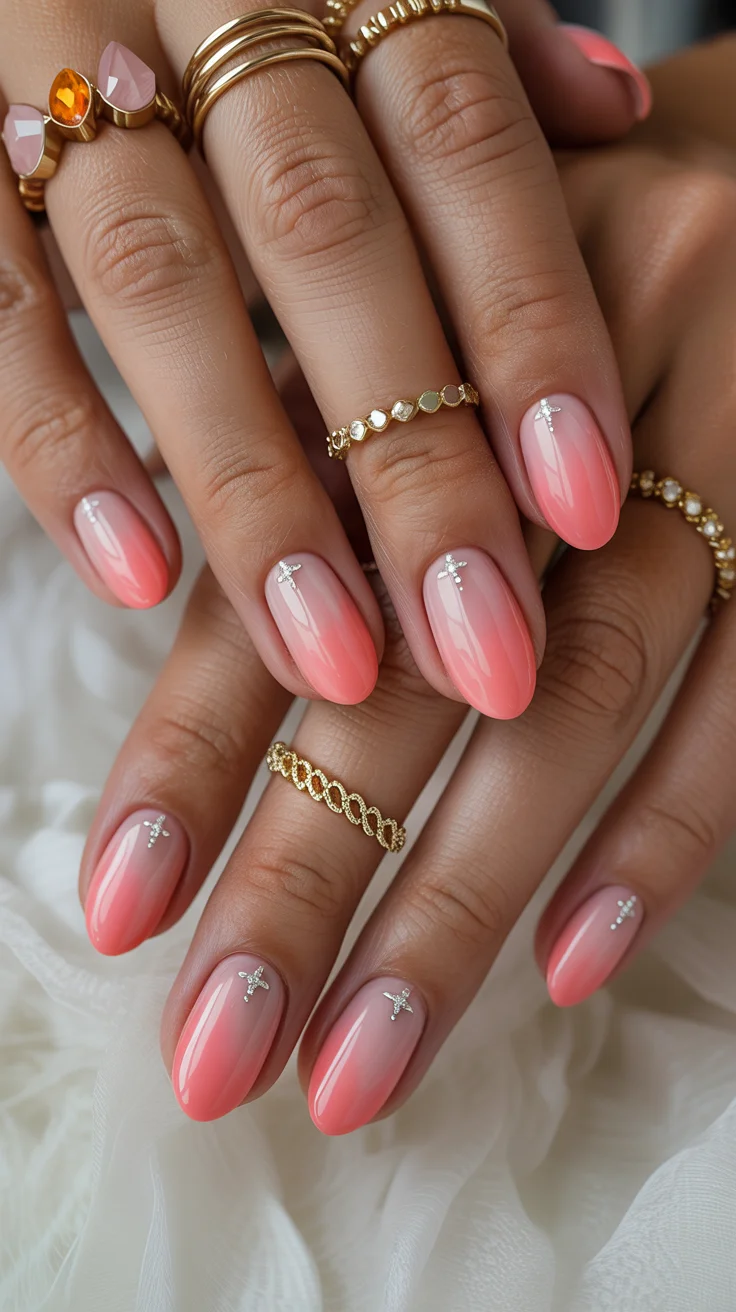 summer short nail inspo 2026 Coral Ombre with Delicate Crystal Cross Details