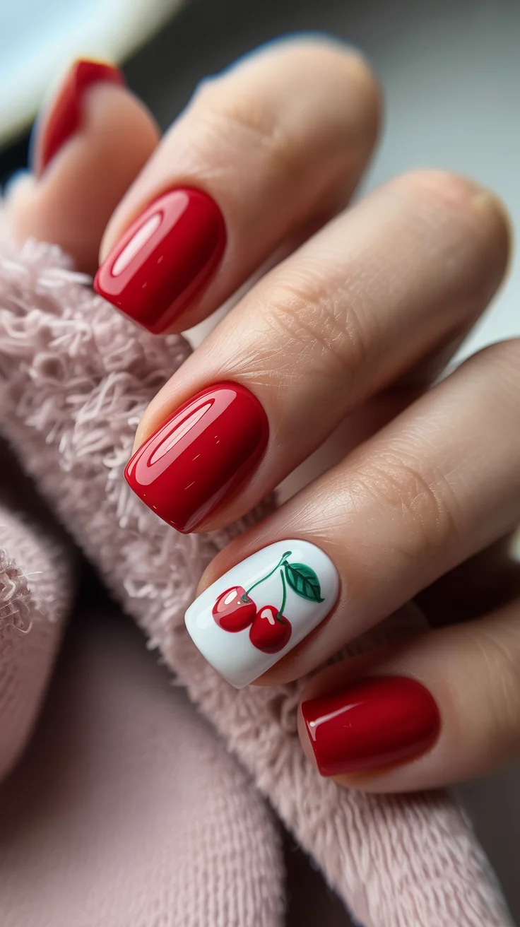 summer short nail inspo 2026 Classic Red with Playful Cherry Accent