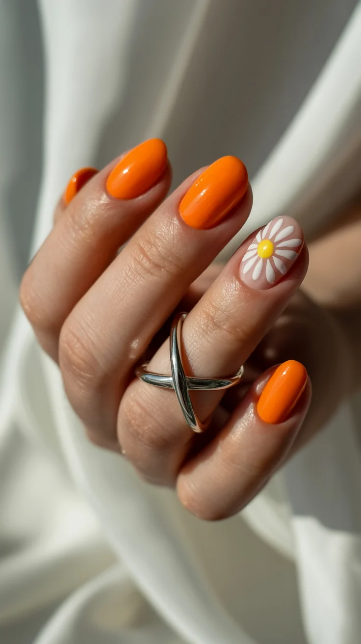 summer short nail inspo 2026 Bright Orange with Daisy Accent Energy