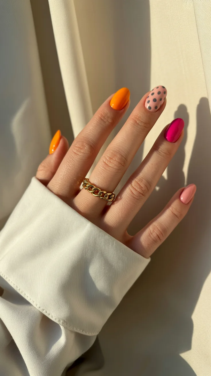 summer short nail inspo 2026 Playful Mix of Orange Pink and Polka Dot Accents