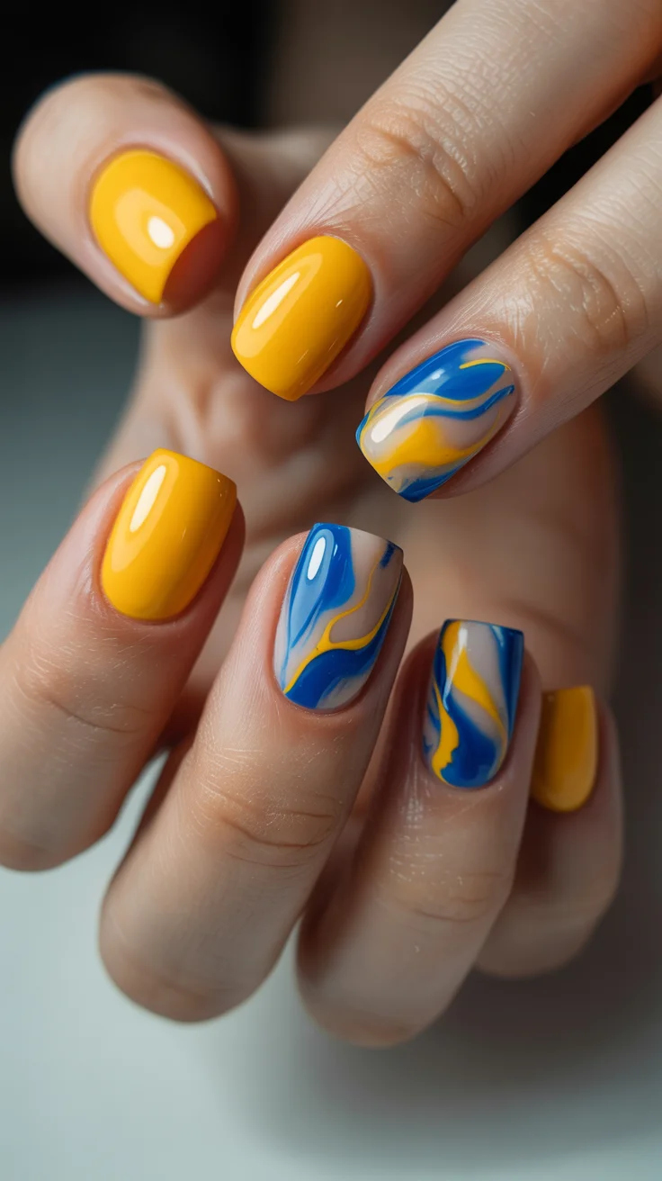 summer short nail inspo 2026 Sunny Yellow with Blue Marble Waves
